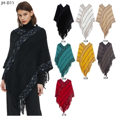 Women Knitted Poncho Shawl With Tassels Geometric Stripe Pattern Winter Warm Acrylic Cape For Lady Casual Daily Outdoor