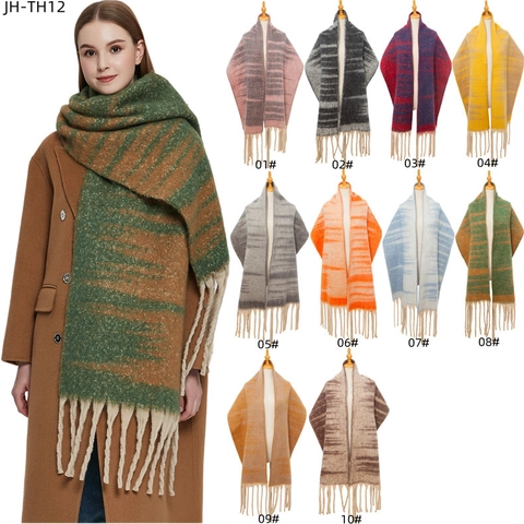 Sciarpa Scialle Invernale Filato Bouclé Spesso Jacquard Righe Oversize Caldo Chic Lunghe Frange Versatile Da Donna