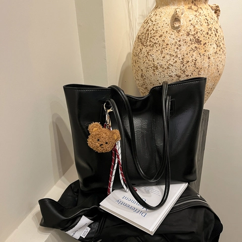 Grand Sac Cabas Pour Femmes Vintage En Similicuir PU Sac À Épaule Pour Le Travail Style Urbain Simple Avec Charme D'ours En Peluche