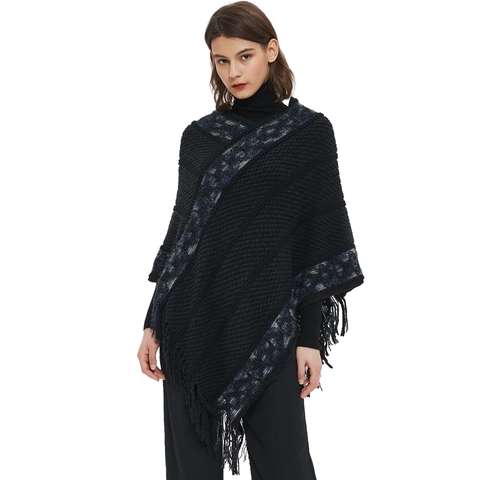 Women Knitted Poncho Shawl With Tassels Geometric Stripe Pattern Winter Warm Acrylic Cape For Lady Casual Daily Outdoor