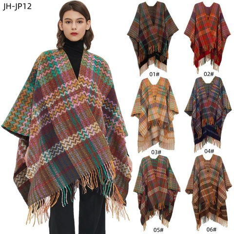 Women Bohemian Knit Poncho Shawl Retro Zigzag Pattern Fringe Tassel Wrap With Sleeve Cuffs Winter Warm Outerwear