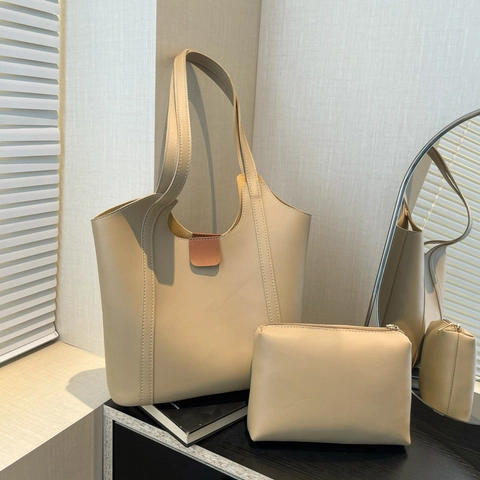 Bolso Tote Grande Para Mujer Con Bolsa Interior Cuero PU Minimalista Bolso De Hombro Conmutar Color Sólido Elegante