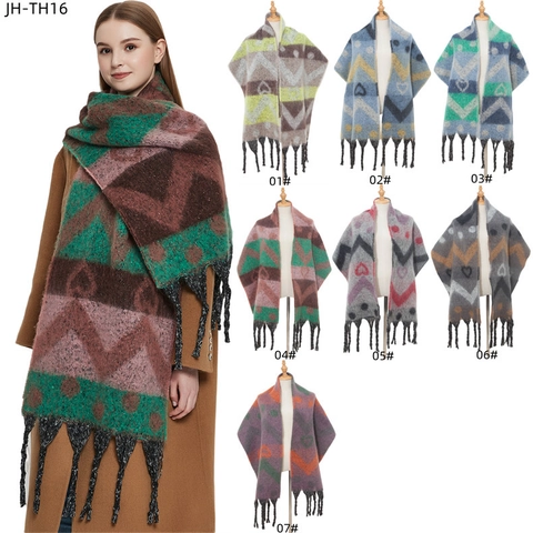 Winter Scarf Shawl Thickened Knitted Loop Yarn Geometric Heart Pattern Colorblock Tassels Warm Soft For Women