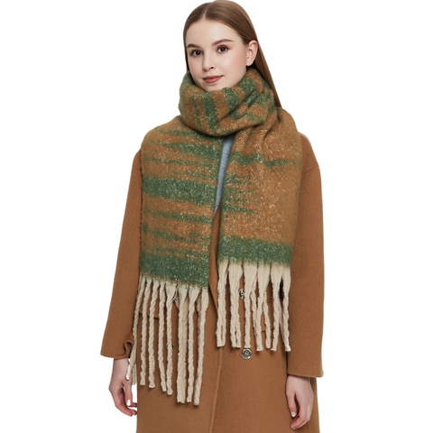 Sciarpa Scialle Invernale Filato Bouclé Spesso Jacquard Righe Oversize Caldo Chic Lunghe Frange Versatile Da Donna
