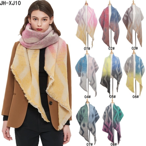 Donna Grande Sciarpa Invernale Spessa Calda Poliestere Scialle Gradiente Stampa Geometrica Moda Lunga Frange Chic