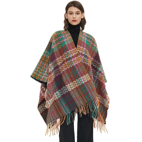 Women Bohemian Knit Poncho Shawl Retro Zigzag Pattern Fringe Tassel Wrap With Sleeve Cuffs Winter Warm Outerwear