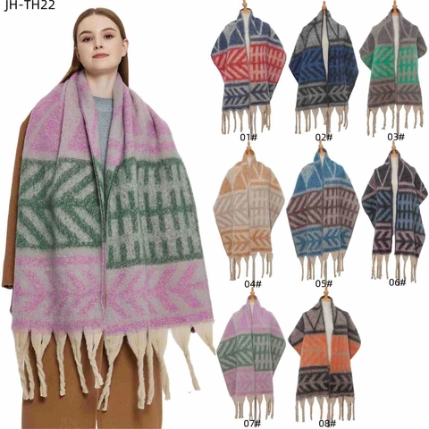 Winter Knitted Scarf Warm Thick Shawl Geometric Leaf Jacquard Long Tassels Polyester Faux Cashmere Soft Elegant Wrap
