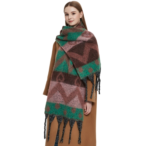 Winter Scarf Shawl Thickened Knitted Loop Yarn Geometric Heart Pattern Colorblock Tassels Warm Soft For Women