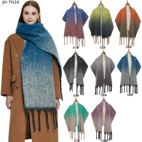 Thick Winter Scarf Shawl For Women Gradient Ombre Color Block Long Tassel Jacquard Woven Polyester Chic Warm Neck Wrap