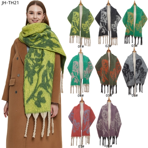 Winter Large Jacquard Rose Floral Scarf Thick Imitation Mohair Loop Yarn Warm Shawl With Long Tassels For Women