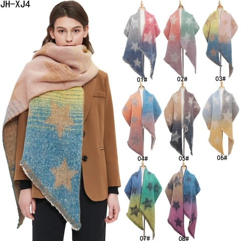 Women Winter Scarf Shawl Star Pattern Color Block Jacquard Warm Polyester Imitation Cashmere Frayed Edges Pashmina Wrap