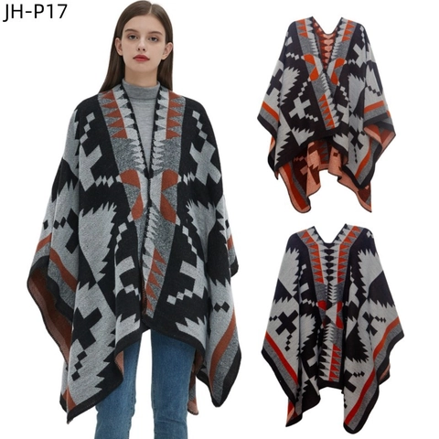 Poncho Tricoté Géométrique Châle Surdimensionné Ethnique Bohème Ouvert Cape En Acrylique Chaude Pour Femmes Automne Hiver