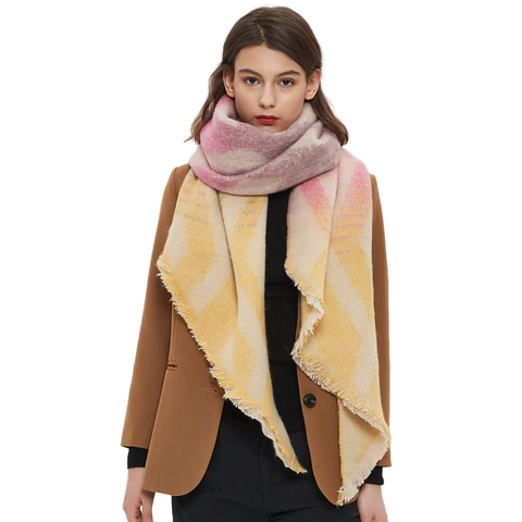 Donna Grande Sciarpa Invernale Spessa Calda Poliestere Scialle Gradiente Stampa Geometrica Moda Lunga Frange Chic