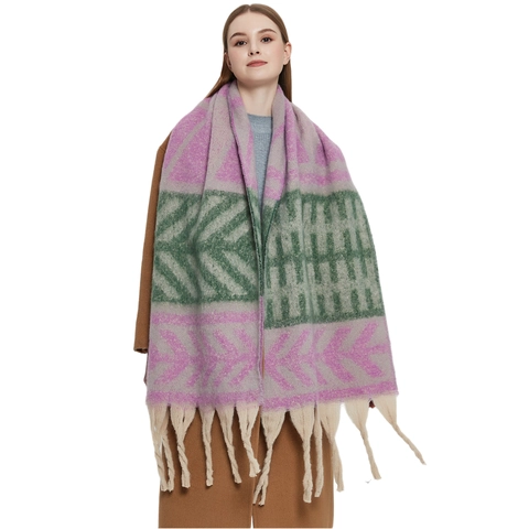 Winter Knitted Scarf Warm Thick Shawl Geometric Leaf Jacquard Long Tassels Polyester Faux Cashmere Soft Elegant Wrap