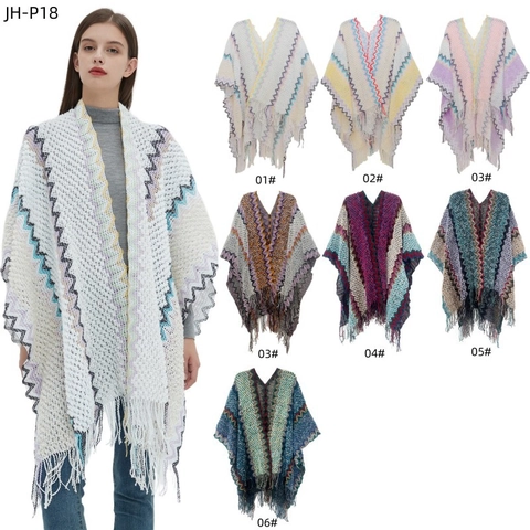 Women Ethnic Bohemian Knit Poncho Shawl With Tassel Fringe Zigzag Geometric Pattern Open Front Long Winter Warm Wrap