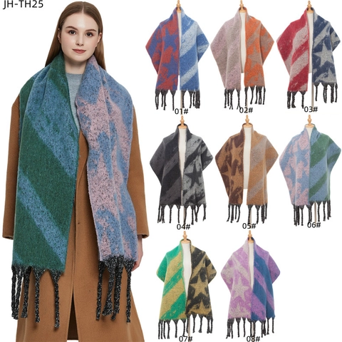 Damen Dicker Winterschal Color Block Sternmuster Jacquard Stricktuch Mit Langen Quasten Warmer Polyester Mohair Imitat Schal