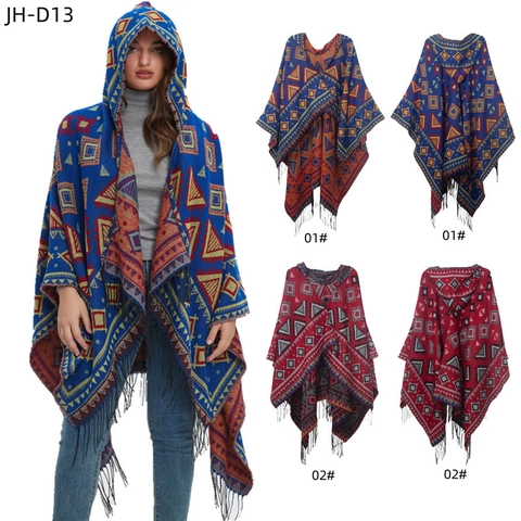 Women Hooded Poncho Ethnic Geometric Jacquard Shawl Tassel Cape Bohemian Style Winter Warm Knit Wrap Cardigan Outerwear