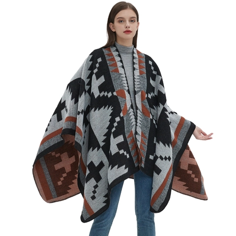 Poncho Tricoté Géométrique Châle Surdimensionné Ethnique Bohème Ouvert Cape En Acrylique Chaude Pour Femmes Automne Hiver