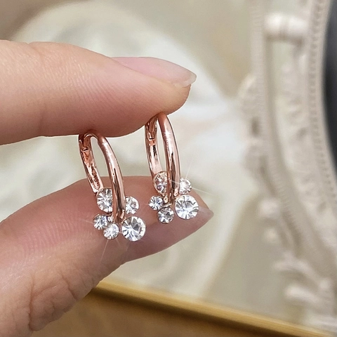 Elegante Roségouden Koperen Hoop Oorbellen Met Fonkelende Zirkoon Geometrische Bloem Vrouwen Accessoire