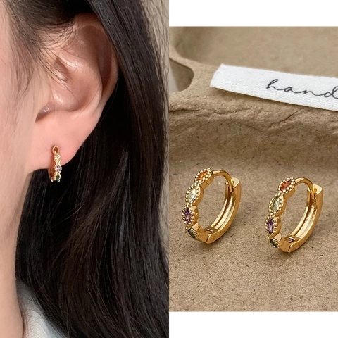Vintage Huggie Hoop Earrings With Colorful Cubic Zirconia Copper And 925 Sterling Silver Earring Post French For Women