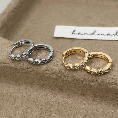 Vintage Huggie Hoop Earrings With Colorful Cubic Zirconia Copper And 925 Sterling Silver Earring Post French For Women