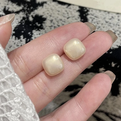 Square Artificial Pearl Stud Earrings With 925 Sterling Silver Earring Post Vintage Minimalist Elegant Geometric Jewelry For Women