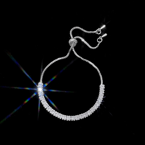 Copper Square Cut Zircon Adjustable Bolo Bracelet Silver Tone Shiny Tennis Chain Jewelry For Women
