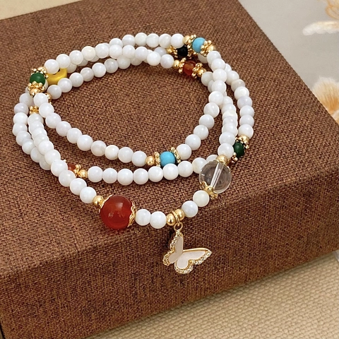 Multilayer Beaded Bracelet Shell Beads Colorful Stones Alloy Butterfly Pendant Stackable Elegant Fashion Handcrafted Jewelry For Women
