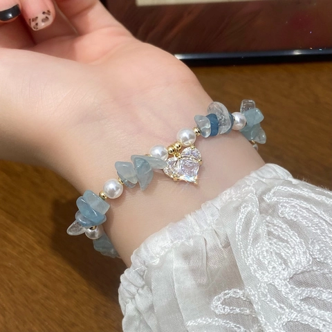 Bracciale Perline Ciondolo Cuore Cristallo Blu Irregolare Perla Artificial Bianca Sintetica Zircone Dorato Gioielli Fatti Mano