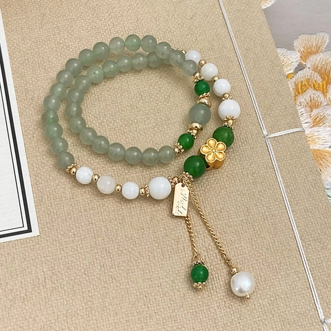 Bracciale Con Perline Impilabili In Calcedonio Verde Pietra Naturale E Perle D Acqua Dolce Con Ciondolo A Fiore In Lega Stile Retrò