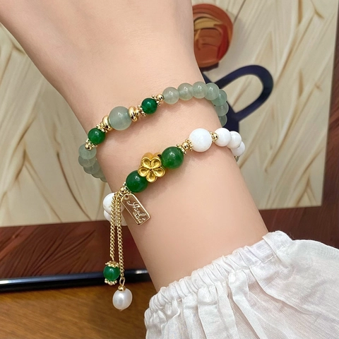 Bracciale Con Perline Impilabili In Calcedonio Verde Pietra Naturale E Perle D Acqua Dolce Con Ciondolo A Fiore In Lega Stile Retrò