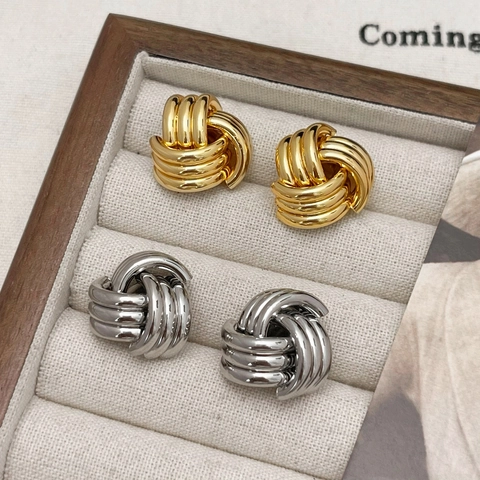 Orecchini A Nodo Rame Placcato Oro 18K Geometrici Intrecciati Vintage Minimalisti Con Perno In Argento Sterling 925 Donne