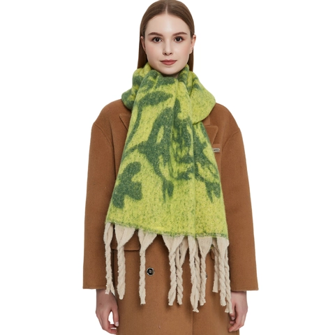 Winter Large Jacquard Rose Floral Scarf Thick Imitation Mohair Loop Yarn Warm Shawl With Long Tassels For Women