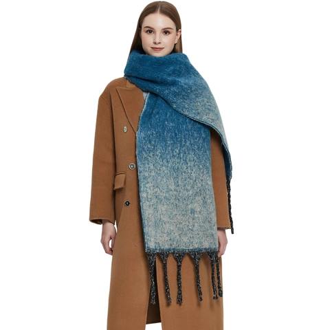 Thick Winter Scarf Shawl For Women Gradient Ombre Color Block Long Tassel Jacquard Woven Polyester Chic Warm Neck Wrap
