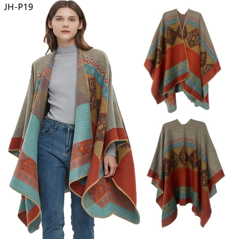 Poncho Châle Bohème À Motif Géométrique Jacquard Épais Ethnique Fendu Ouvert Devant Cape En Acrylique Pour Femmes Hiver