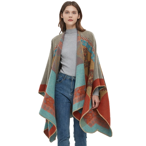 Poncho Châle Bohème À Motif Géométrique Jacquard Épais Ethnique Fendu Ouvert Devant Cape En Acrylique Pour Femmes Hiver