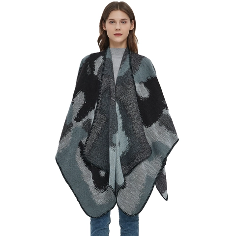 Scialle Da Donna Poncho Fantasia Leopardata Doppio Lato Aperto Sul Davanti Acrilico Maglia Inverno Caldo Jacquard