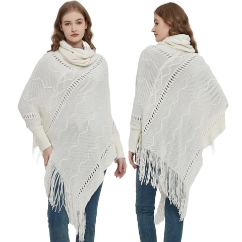 Poncho Tricoté Châle Col Roulé Pull Design Ajouré Bohème Franges Gland Doux Chaud Élégant Enveloppements Pour Femmes