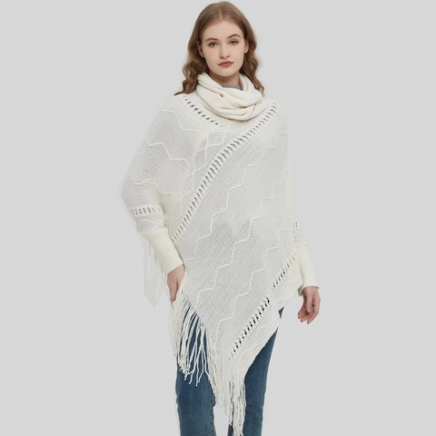 Poncho Tricoté Châle Col Roulé Pull Design Ajouré Bohème Franges Gland Doux Chaud Élégant Enveloppements Pour Femmes