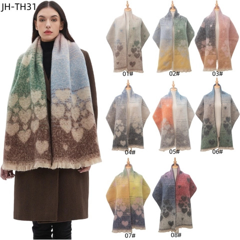 Heart Jacquard Winter Scarf Imitation Mohair Polyester Thick Warm Long Wrap With Tassels Gradient Color Women Accessories