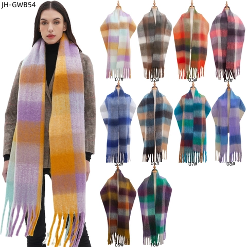 Winter Plaid Scarf Oversized Warm Thick Polyester Imitation Cashmere Colorful Checkered Shawl With Long Tassels Retro Style