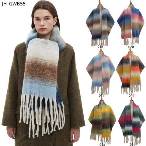 Donna Inverno Gradiente a Righe Sciarpa Spessa Poliestere Caldo Lungo Nappa Scialle Avvolgente Accogliente Spazzolato Pashmina Accessori