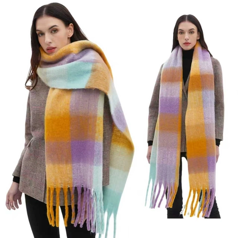 Winter Plaid Scarf Oversized Warm Thick Polyester Imitation Cashmere Colorful Checkered Shawl With Long Tassels Retro Style