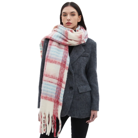 Sciarpa Donna Invernale Calda in Falso Mohair a Quadri Grande Scialle Con Nappine Lunghe Morbido Involucro Avvolgente a Griglia