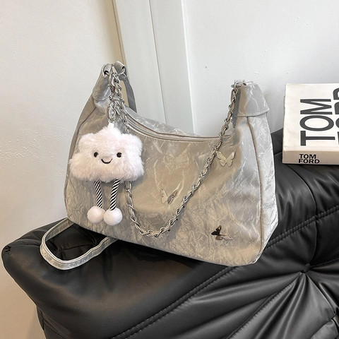 Borsa A Spalla Donna Decorazione Farfalla Pelle PU Catena Metallo Pendente Nuvola Grande Capacità Tote