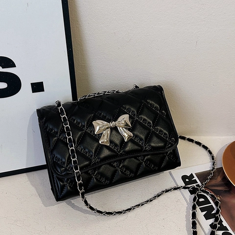 Borsa A Tracolla Trapuntata Da Donna Rombi Piccola Borsa Quadrata Fiocco Decorazione Metallica Catena Moda