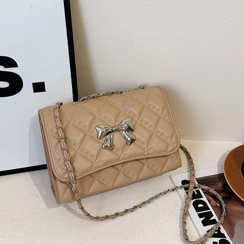 Borsa A Tracolla Trapuntata Da Donna Rombi Piccola Borsa Quadrata Fiocco Decorazione Metallica Catena Moda