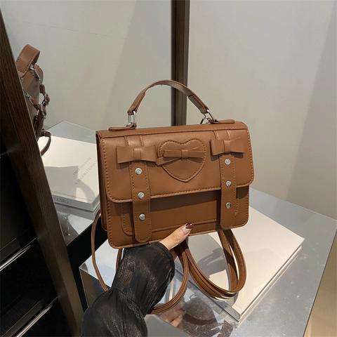 Fashion Women PU Leather Backpack Preppy Style Square Handbag Crossbody Bag With Heart Pattern Bows And Rivets