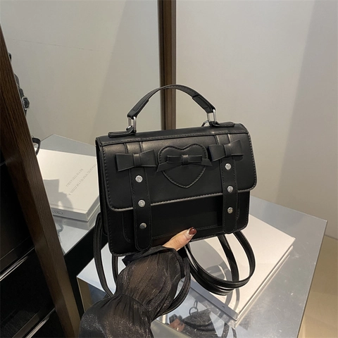 Fashion Women PU Leather Backpack Preppy Style Square Handbag Crossbody Bag With Heart Pattern Bows And Rivets