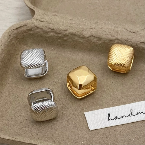 Geometric Square Huggie Earrings With 925 Sterling Silver Earring Post Copper Textured Double Sided French Vintage Style